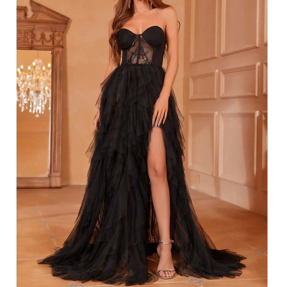 Luxe Strapless Lace Party Holiday Evening Formal Wedding Party - Picture 7 of 15